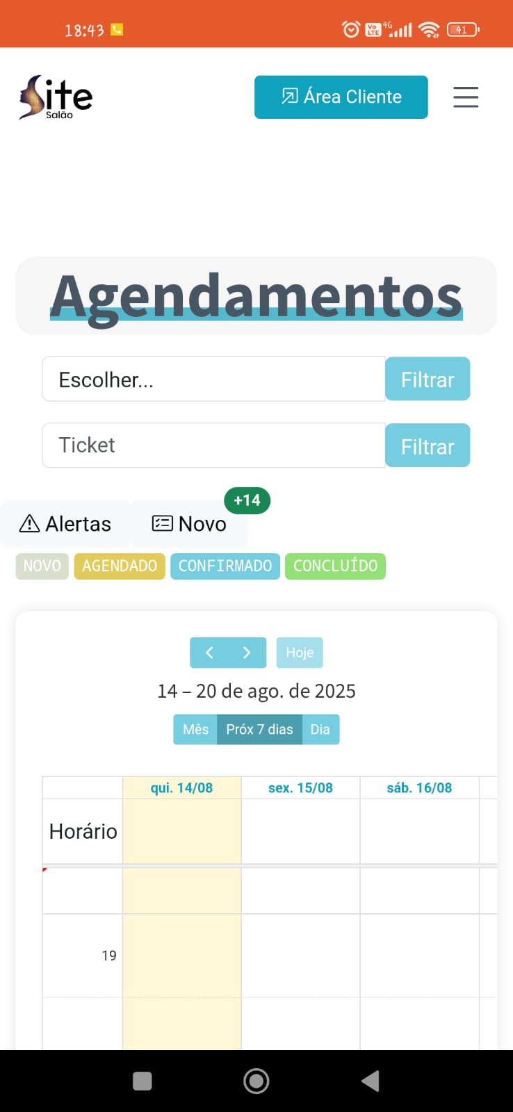 Agendamentos no app Site Salão
